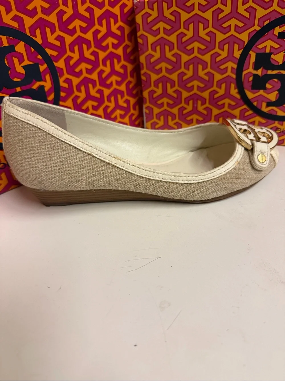 Tory Burch Ivory Peep-Toe Logo Medallion Flats